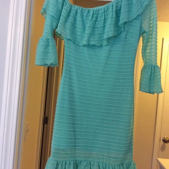 BEBE Turquoise Dress asymmetric shoulder - Picture 2 of 3